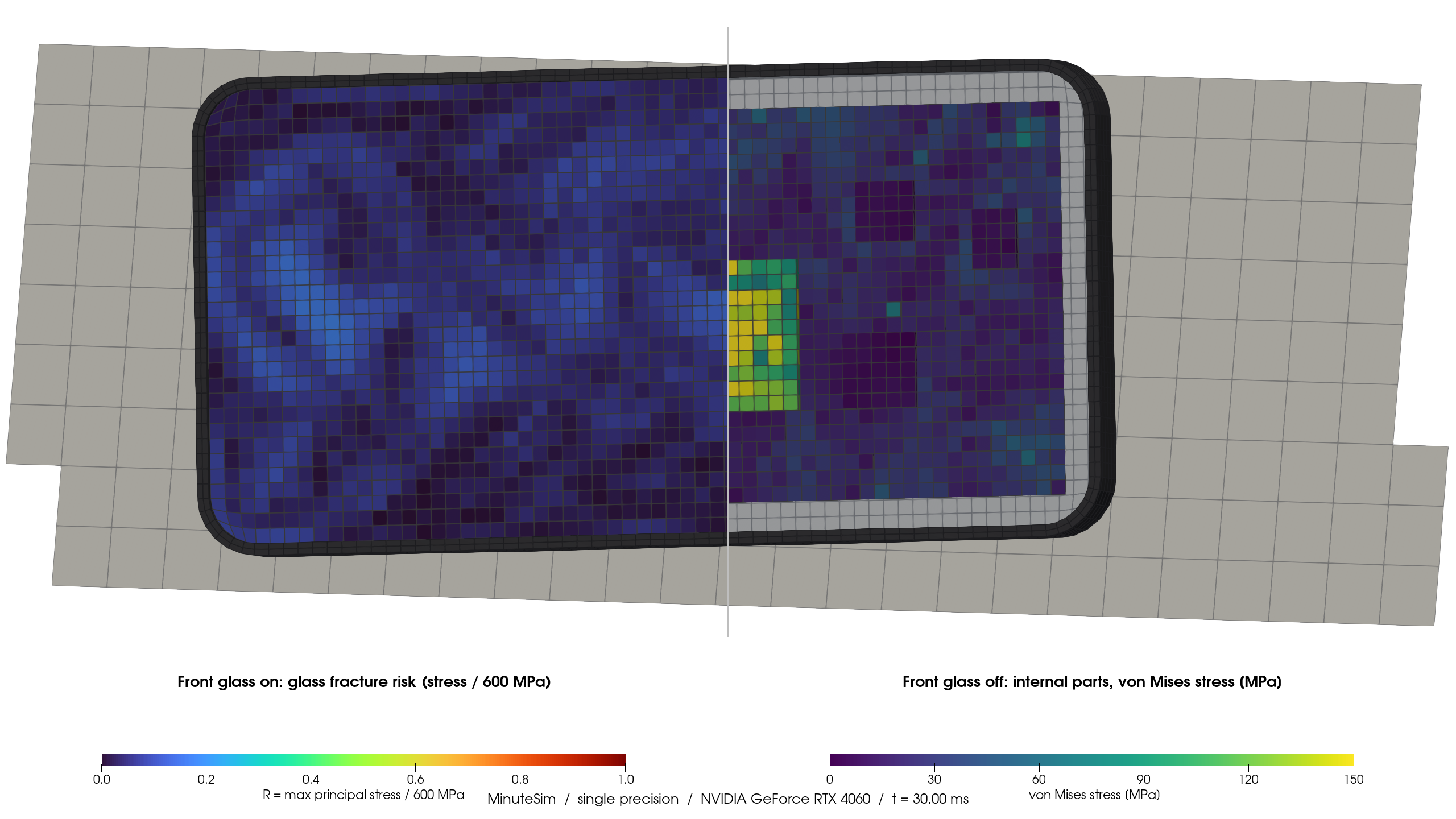 Split view at 30 milliseconds: front-glass stress ratio on the left and internal von Mises stress on the right