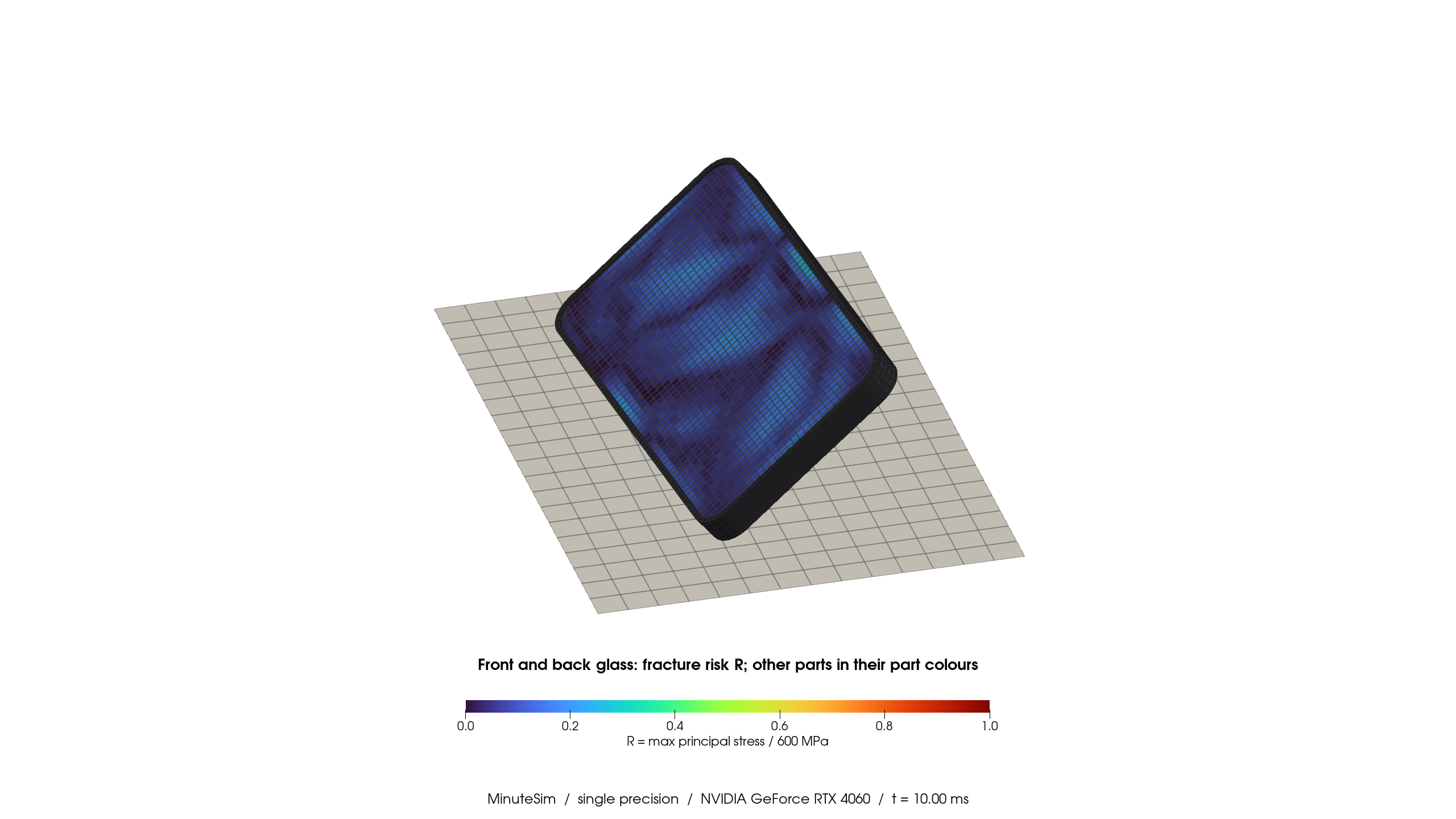 Oblique view of the complete phone assembly and floor at 10 milliseconds