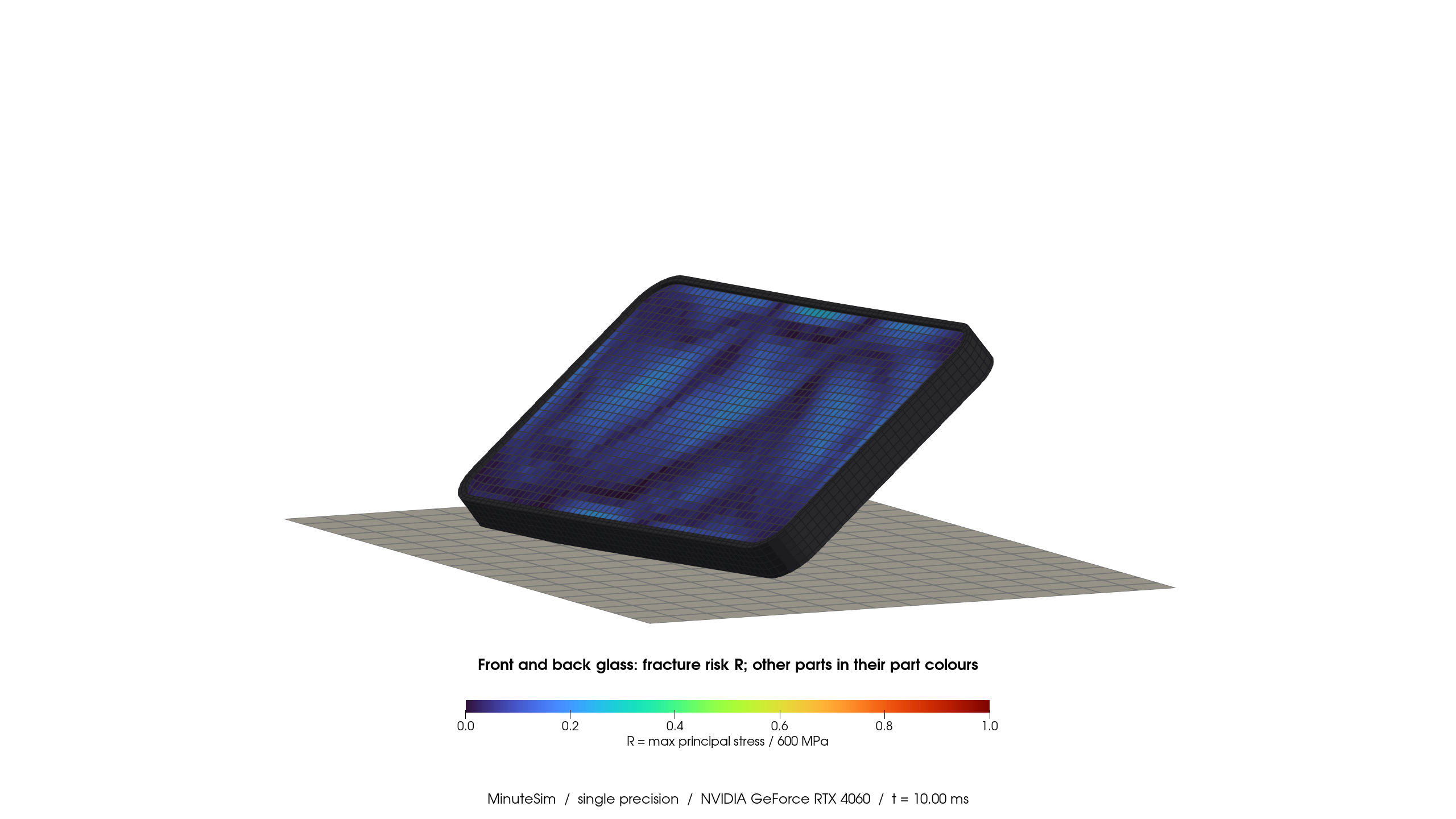 Side view of the whole phone assembly at 10 milliseconds during its rotation onto the floor